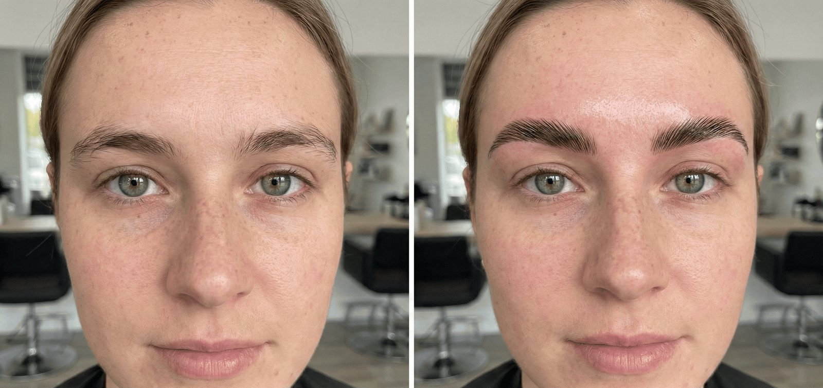 Full face before and after brow lamination and tint — brow hairs lifted, brushed upward and set into a fuller, defined shape