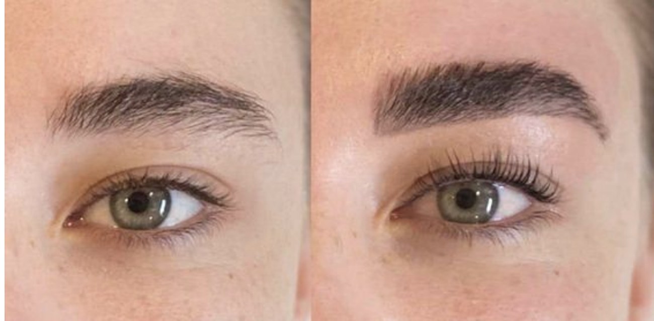 Close-up of one eye before and after a lash lift, tint and brow lamination — lashes curled upward and brows shaped and darkened