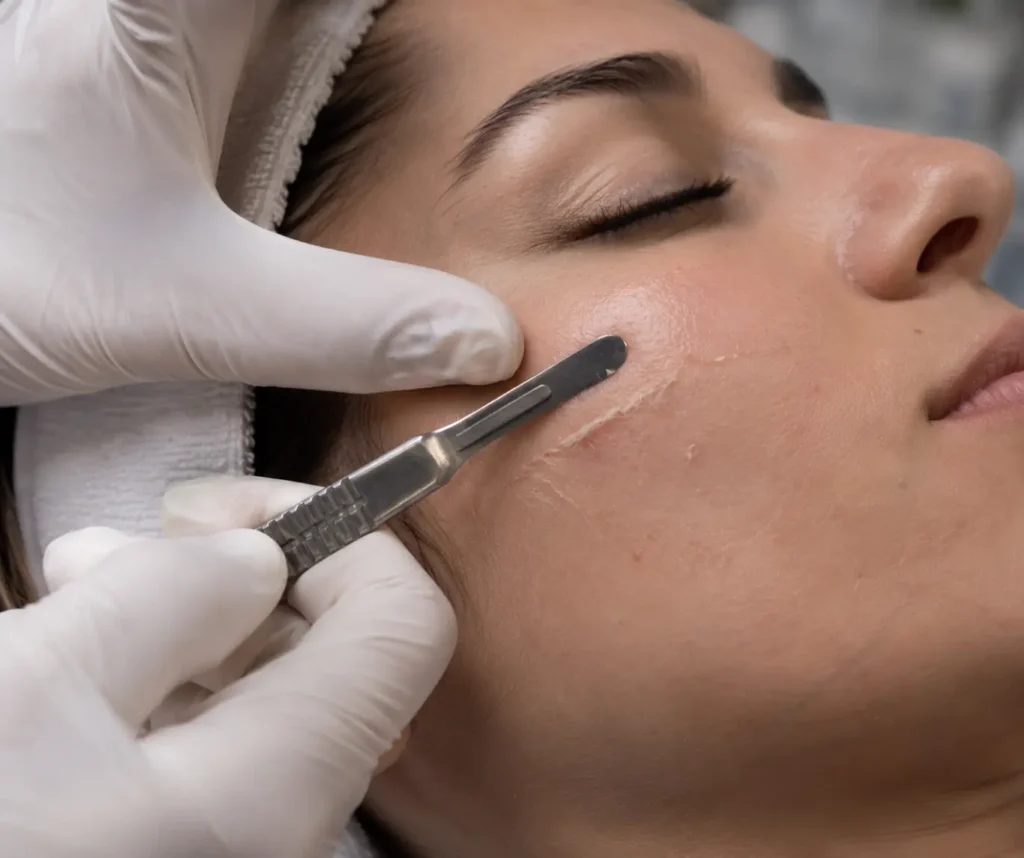 Close-up of a dermaplaning treatment gently exfoliating a client's cheek for smooth, glowing skin